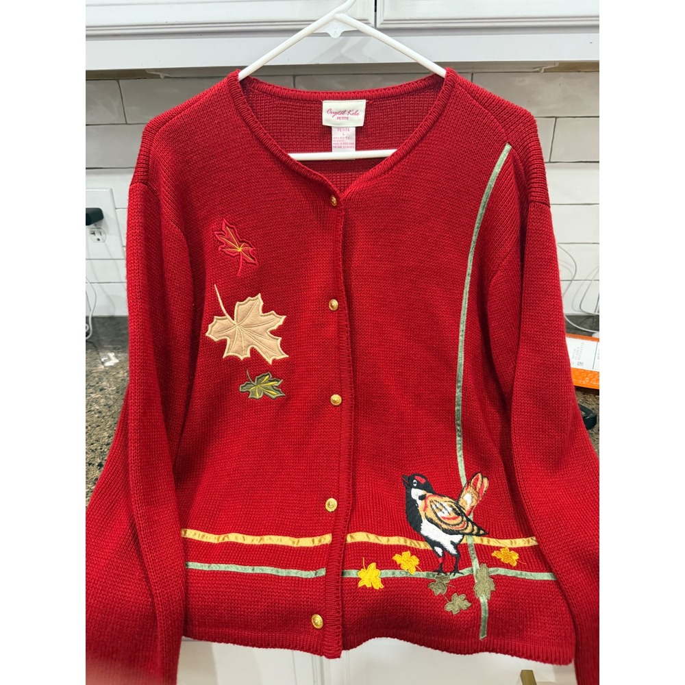 Crystal Kote Petite Red Bird Leaf Embroidered Cardigan‎ Sweater L